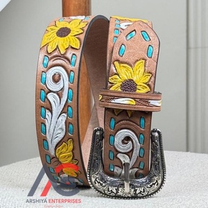 Personalized Western Hand <b>Tooled</b> Leather <b>Belt</b> with Sunflower Floral Design & Antique Silver Buckle Genuine Cowhide for Unisex - Product Image 1
