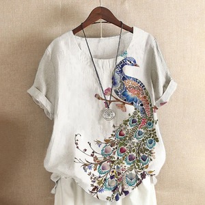 Women's New Fashion Summer Peacock Print Short Sleeve t Shirt Casual <b>White</b> Shirt <b>White</b> Color Loose Casual Plus Size Breathable - Product Image 4