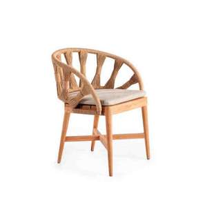 Chaise de salle à manger avec accoudoirs en teck massif de haute qualité, avec rotin et tissu rembourré, design moderne pour une utilisation intérieure et extérieure - Product Image 2