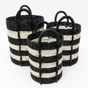 Hand Woven Recycled <b>Plastic</b> Rope Storage <b>Basket</b> Set Black White Stripe Arch Handle Pot Planter Organizer Setup Decor Pure Art - Product Image 1