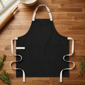 Tablier classique en toile noire avec plusieurs poches, réutilisable, léger, pour la cuisine et l'usage quotidien - Product Image 1