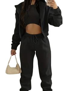 260 grammes Polyester rayonne décontracté automne hiver fermeture éclair surdimensionné léger deux pièces à capuche survêtements ensembles femmes en gros - Product Image 2