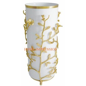 Support en laiton et métal à feuilles polies et dorées sur support en métal blanc enduit de poudre Vases et pots à fleurs ronds de qualité de luxe Grands vases - Product Image 1