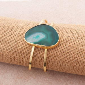 Brazalete ajustable de ágata verde de piedra grande natural de alta calidad, Collar chapado en oro de 18 quilates, brazalete abierto de doble banda - Product Image 4