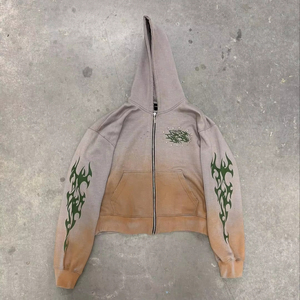 Fabricants Logo Brodé Personnalisé Applique Coton Éponge Lourd 500 Gsm Vintage Acid Wash Détresse Zip Up Hoodie - Product Image 1