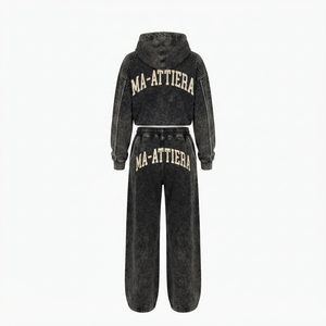 Custom Women Acid Wash Black Cropped Hoodie <b>Wide</b> <b>Leg</b> <b>Jogger</b> Set Cotton Fleece Streetwear Tracksuit OEM Wholesale - Product Image 4