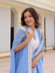 Mujeres étnicas geométricas impresas puro algodón A-Line Kurta con Palazzos & Dupatta indio pakistaní salwaar kameez - Product Image 5