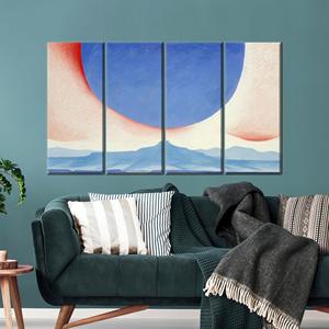 Toile imprimée : Art abstrait moderne du sud-ouest avec soleil et montagne, 4P : Prêt à accrocher - Product Image 1