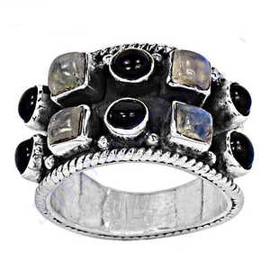 Bague en pierre de lune et onyx plaquée rhodium géométrique 14 carats pour femmes - Cadeau de bijoux fins - Product Image 1
