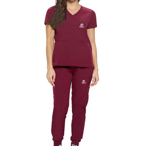 Uniforme Médico para Mujer, Manga Corta, Color Granate, Cuello Alto Simulado, Estilo Cruzado, Algodón Twill Elástico, Cuello en V, Pantalones Jogger - Product Image 1