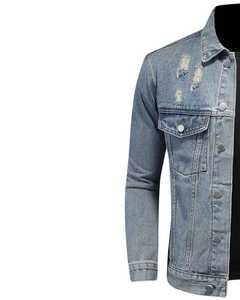 Veste en jean bleu clair délavée pour homme avec fermeture à boutons, vêtement d'extérieur décontracté élégant, coupe ajustée tendance - Product Image 3