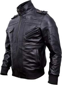 Blouson bombardier à capuche noir véritable pour homme en cuir d'agneau véritable ciré marron avec capuche amovible Saison d'hiver - Product Image 3