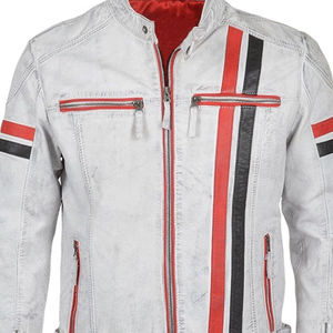 Haute qualité en cuir de vachette véritable hommes hiver haute rue veste manches avant moto motard Racer blanc effet ciré - Product Image 6