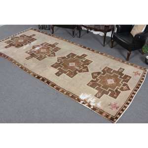 Vintage <b>Brown</b> Beige <b>Wool</b> Rug 5.7 X 12.6 ft Handmade Classic Turkish Rectangle Patchwork Design Latex Bedside Rugs for Teens - Product Image 2