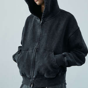 Veste à capuche délavée style court personnalisée 350GSM 100% coton éponge française lavage à l'acide fermeture éclair brodée écologique hommes - Product Image 3