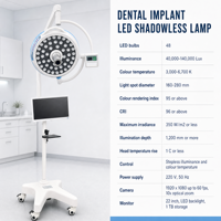 Lampe chirurgicale LED dentaire électrique sur pied, CRI élevé 95-96, 140000 Lux, lampe orale sans ombre, 48 perles LED pour implants