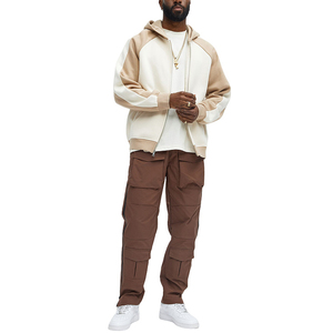 Sweat à capuche de haute qualité à épaules tombantes, patchwork, surdimensionné, poche kangourou, bloc de couleur, polaire, raglan, fermeture éclair, sweat à capuche pour homme - Product Image 3