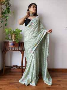 Sari en soie d'organza lourd de créateur traditionnel brodé pour festival de mariage indien pakistanais modèle fantaisie pour adultes mode - Product Image 5