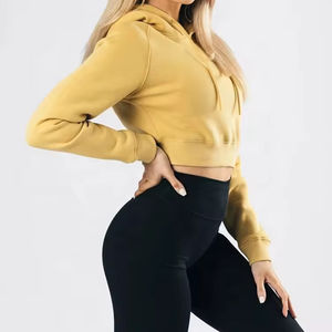 Sweat-shirts à capuche en molleton de coton lourd à col en V pour femmes avec logo imprimé sur le devant, style court, col en V, pull-over - Product Image 6