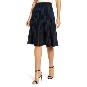Anne Klein Women's Striped Pleated <b>Skirt</b> Below the Knee <b>Elastic</b> Waist Black Size Large - Product Image 1