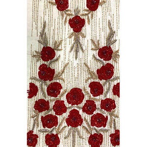 Tissu Brocart Floral Rouge de Luxe Brodé à la Main avec Perles, 100% Polyester, Technique de Tissage Croisé, Effet Métallique, Articles en Stock - Product Image 3