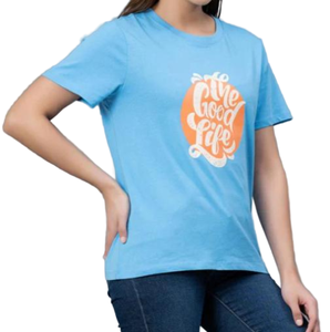 Camisetas cómodas de algodón azul 100% para mujer, estilo informal, Media manga, longitud corta, venta al por mayor, estampado gráfico 180 GSM para verano - Product Image 4