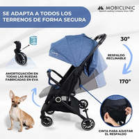 Poussette compacte Mobiclinic Blue Trip pour bébé, fonctionnement à une main, repose-pieds réglable, matière en lin, poids maximal 15 kg pour les voyages
