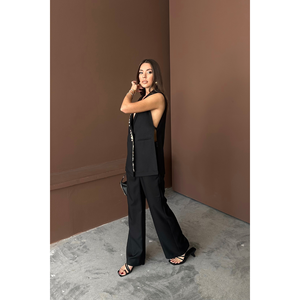 Conjunto de Traje de Lino Negro para Mujer, Chaleco con Cuello y Estampado de Conchas de Almeja y Pantalones - Colección Negra Elegante - Product Image 3