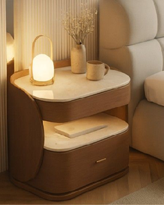 Table de chevet de luxe en bois courbé avec plateau en marbre blanc, étagère ouverte et tiroir inférieur unique, prix de gros - Product Image 1