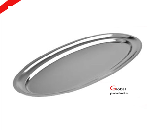 Plateau de service de forme ovale en acier inoxydable argenté au look simple pour restaurant et bar d'hôtel - Product Image 1