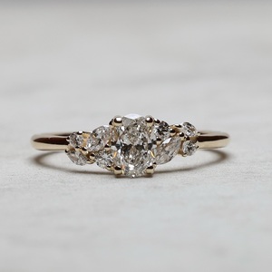 8x6mm Oval Cut Diamond Engagement Ring with Marquise Side <b>Stones</b> | Sterling Silver 18K Gold Plated Unique Bridal Wedding Jewelry - Product Image 1