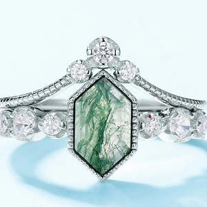 Hexagon Cut Naturel Mousse Agate Vintage Unique Mousse Agate Cluster Bague De Fiançailles Art Déco Coupe Ronde Diamant Bague De Mariée Cadeaux - Product Image 2