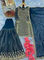 Ensemble haut, pantalon et dupatta de créateur indien-pakistani de haute qualité, dernière collection 2024, en faux georgette, avec broderies lourdes et travail de sequins.