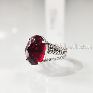 แหวนผู้หญิงโกเมนลายตารางธรรมชาติพลอยโกเมน3ห่วงบิดเกลียวเครื่องประดับแฮนด์เมดตะวันออก925แหวนเงินสเตอร์ลิง - Product Image 1