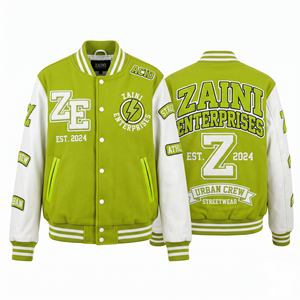 Veste universitaire unisexe en laine 380 GSM avec manches en cuir PU, panneaux contrastants vert et blanc, coupe-vent, personnalisable OEM ODM - Product Image 1