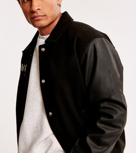 Chaqueta universitaria con logotipo bordado personalizado de alta calidad para exteriores, chaqueta universitaria con manga de cuero de Color sólido para hombre - Product Image 6