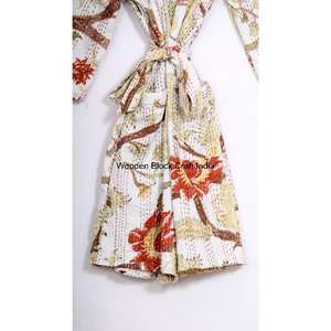 Veste courte en coton pur 100% faite à la main, style kimono, matelassée Kantha, motif floral bohème, robe avec ceinture à nouer, douce, hiver, automne, plage - Product Image 6