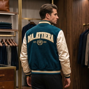 Veste bomber en velours côtelé bleu turquoise pour homme, manches en cuir crème, broderie personnalisée, OEM ODM, vente en gros - Product Image 4