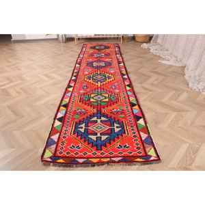 2.6x10.1 ft Turkish Rug, Vintage <b>Runner</b> Rug, <b>Red</b> Blue Solid Rug - Product Image 2