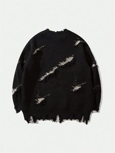 Men's Crew Neck Letter Embroidery Distressed Ripped Hole Long Sleeves Streetwear <b>Crocheted</b> <b>Cardigan</b> 100% Cotton Front - Product Image 3