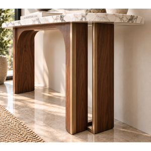 Modern Wabi-Sabi White <b>Marble</b> <b>Console</b> <b>Table</b> with Walnut Arched Brass Base - Product Image 3