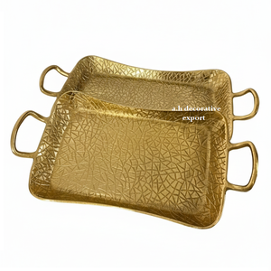 Plateaux décoratifs modernes au fini or texturé unique, ensemble de plateaux de service faits à la main, plateau élégant pour table basse, plateau ottoman, lave-vaisselle - Product Image 2