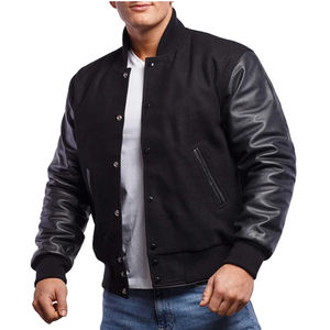 Veste universitaire noire unisexe à prix de gros, manches en cuir personnalisées, broderie décontractée, teinte unie pour hommes - Product Image 1