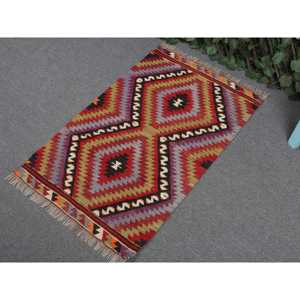 พรมตุรกีขนาดเล็ก, พรมวินเทจขนาด 2x3.3 ฟุต, พรมขนสัตว์ลายทางสีแดง - Product Image 2