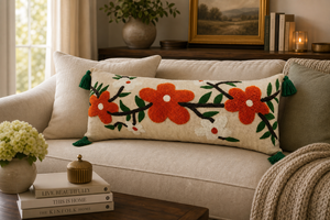 Funda de Cojín Lumbar de Algodón Bordada con Flores Naranjas Estilo Boho, Funda de Almohada Larga Artesanal con Borlas en las Esquinas para Decoración de Cama - Product Image 2