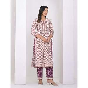 Conjunto de Salwar Kameez y Pantalón de Algodón con Estampado de Bloques en Blanco y Morado - Product Image 5