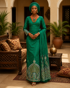Emerald Green Luxury Beaded George <b>Fabric</b> with Silver Embroidery Border & Matching Blouse for Bridal Wear - Product Image 1