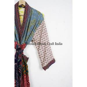 Luxury Floral Elegant Silk Patchwork Kimono Robe Handmade Indian Vintage Recycled Silk Sari <b>Long</b> <b>Sleeve</b> Drawstring Closure - Product Image 3
