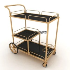 Designer minimaliste Look magnifique cadre en métal plaqué or de haute qualité avec plateau de couleur noire fournitures de chariot de service de nourriture à 2 niveaux - Product Image 6