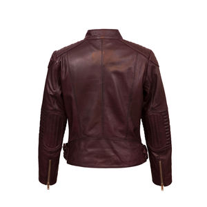 Mujeres Brown Biker Slim Fit Cafe Racer Real Sheepskin Chaqueta de cuero de la motocicleta de calidad superior-Precio al por mayor Chaquetas de cuero - Product Image 2